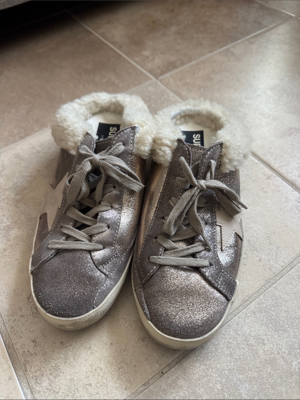 Golden Goose Super-Star Metallic Gray Shearling-Lined Sneakers